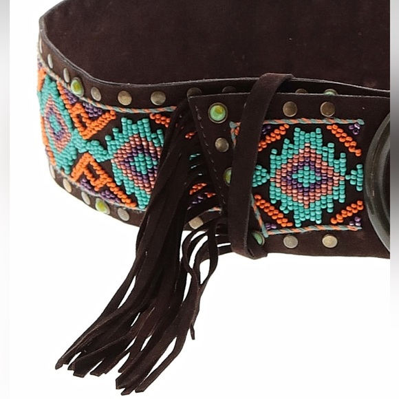 Tasha Polizzi Leather Fringe Belt seed beaded turquoise brass studs RTL 395 NWOT - Picture 2 of 8